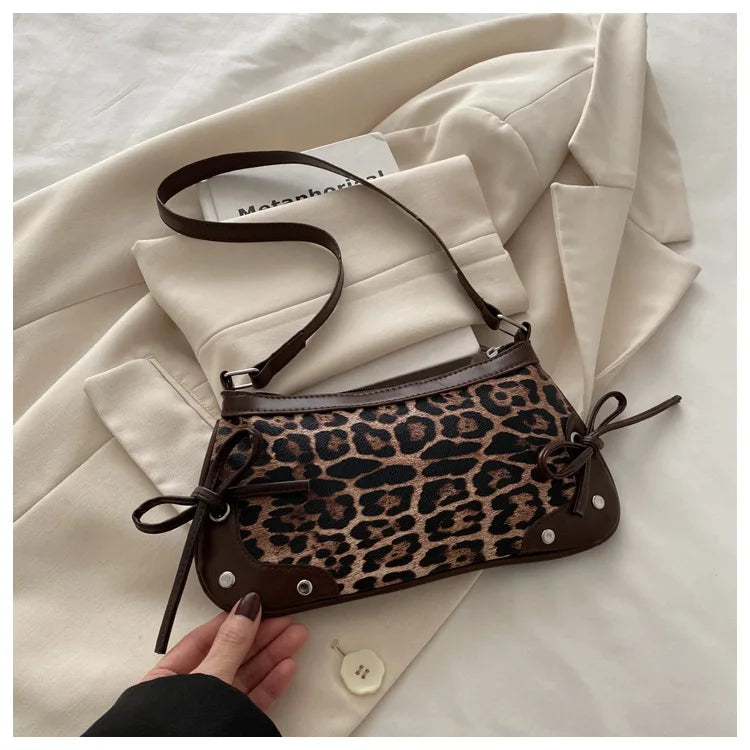 New Armpit Bag Trendy Shoulder Bag for Women Sweet Double Bow Handbag Ladies Bag Retro Fashion Female Leopard Print Shoulder Bag