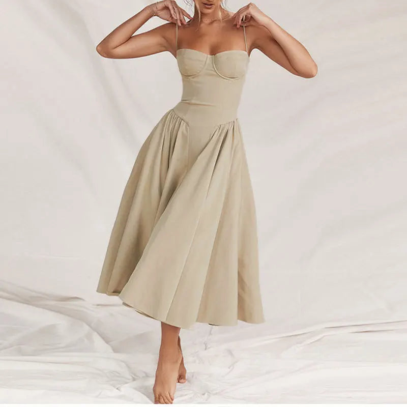 Summer Women Elegant Sleeveless Backless Pleated Dresses Lady Sexy Solid Sling Midi Dress 2024 Female Party Evening A-line Robes
