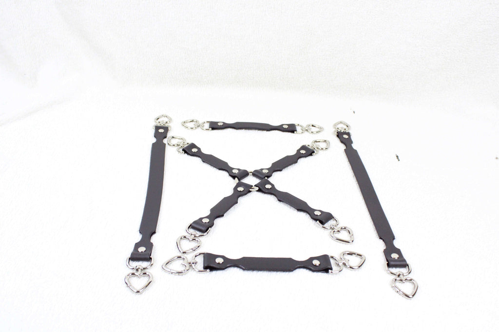 BDSM Restraint Connector Set Red Leather with Heart Rings