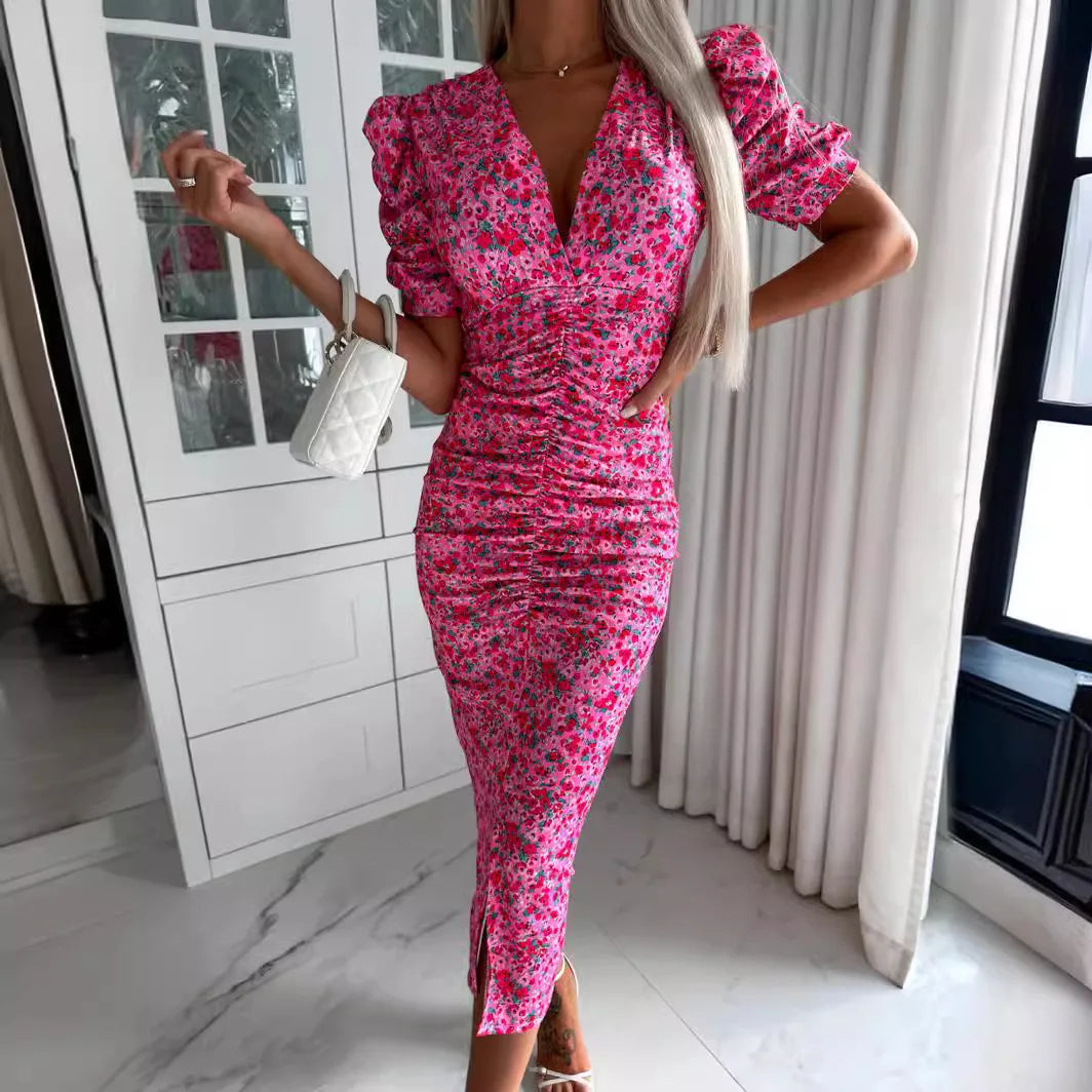 Dresses For Women Summer Slim Floral Print Short Sleeve Midi Dress Robe Female Elegant V Neck Fashion Ladies Clothes Vestidos
