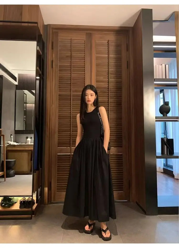 New Vintage Holiday Style Black Midi Dress Dresses for Women Clothing O Neck Office Lady Casual Pockets Women's Clothing