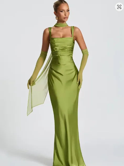 Elegant Scarf Collar Sling Women Summer Dress Solid Sleeveless Off-shoulder Slim Maxi Dresses 2026 Lady Chic Evening Party Gown