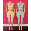 HLJ Sexy Stripe Print Patchwork 2 Piece Set Women Halter V-neck Crop Tank Top+High Waist Tight Capri Pants Matching Streetwear