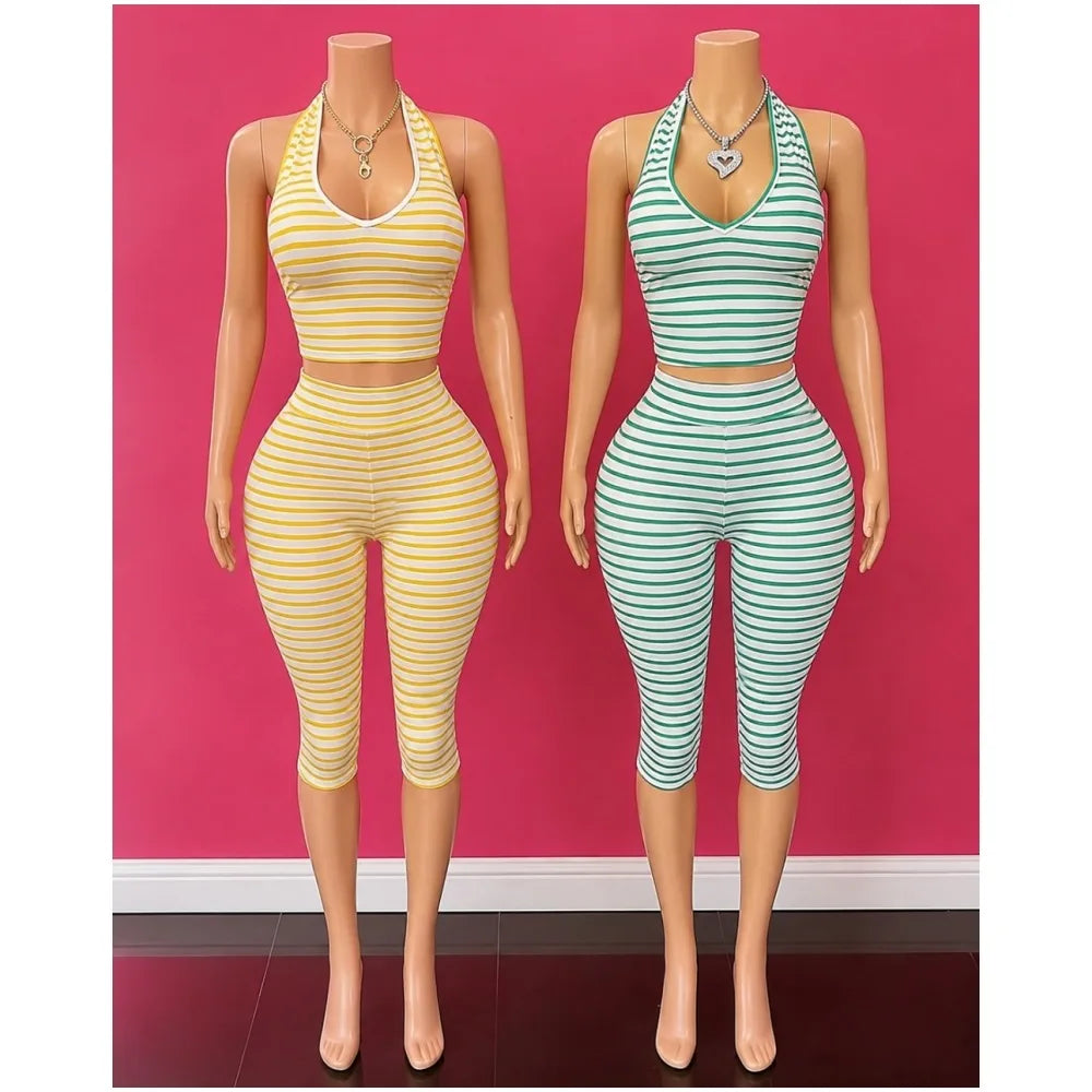 HLJ Sexy Stripe Print Patchwork 2 Piece Set Women Halter V-neck Crop Tank Top+High Waist Tight Capri Pants Matching Streetwear