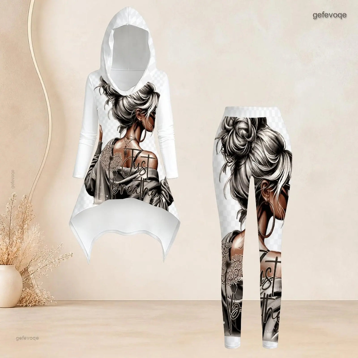 Fashion Women Casual 2 Piece Set Hooded Long Sleeve Hi Lo Asymmetrical Tunic Top Matching High Waist Slim Leggings T Daily Suit