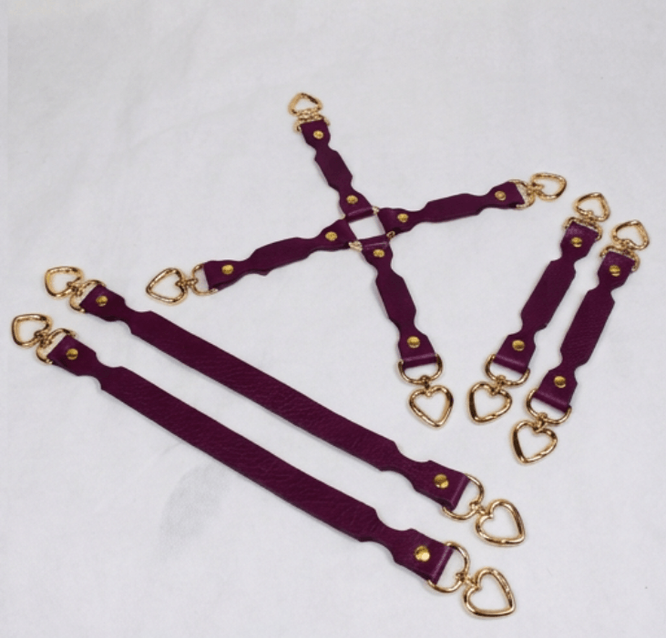 BDSM Restraint Connector Set Burgundy Leather with Heart Rings