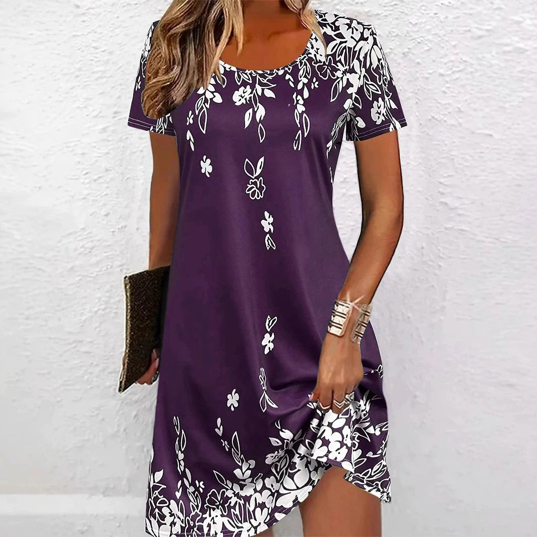 Elegant Floral Pattern Women Mini Dresses Summer Short Sleeve Street 3d Flower Printed Ladies Dress 3XL Plus Size Casual Dress