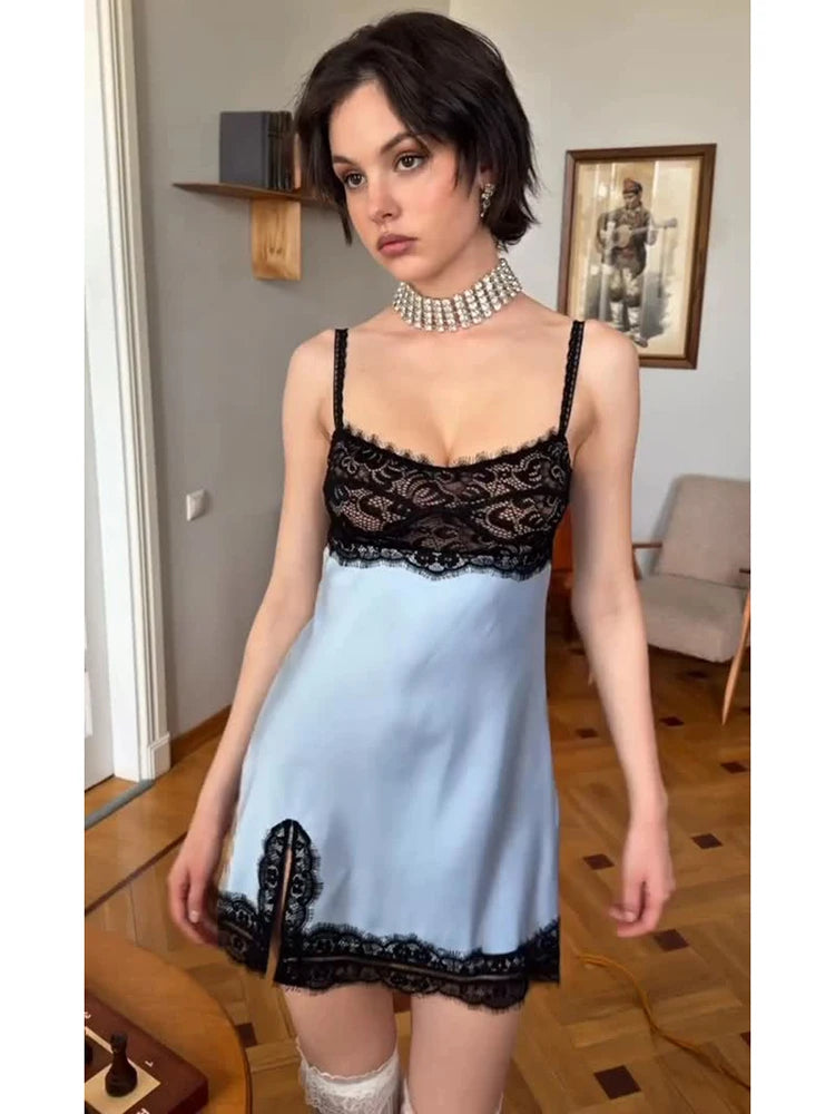 Women's Ivory Black Lace Trim Satin Slip Dress V-neck Spaghetti Strap New 2026 Casual Commuter Split Hem Mini Nightgown Chemise