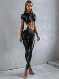 Gymdolphin Women's Solid Black Faux Leather Crop Top & High Waist Zipper Leggings 2026 Summer Sexy Skinny Yoga Pant Sets