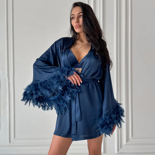 2026 Fashion Feather Patchwork Soft Sleepwear for Women Sexy Satin Camisole shorts bathrobe Three Piece Set