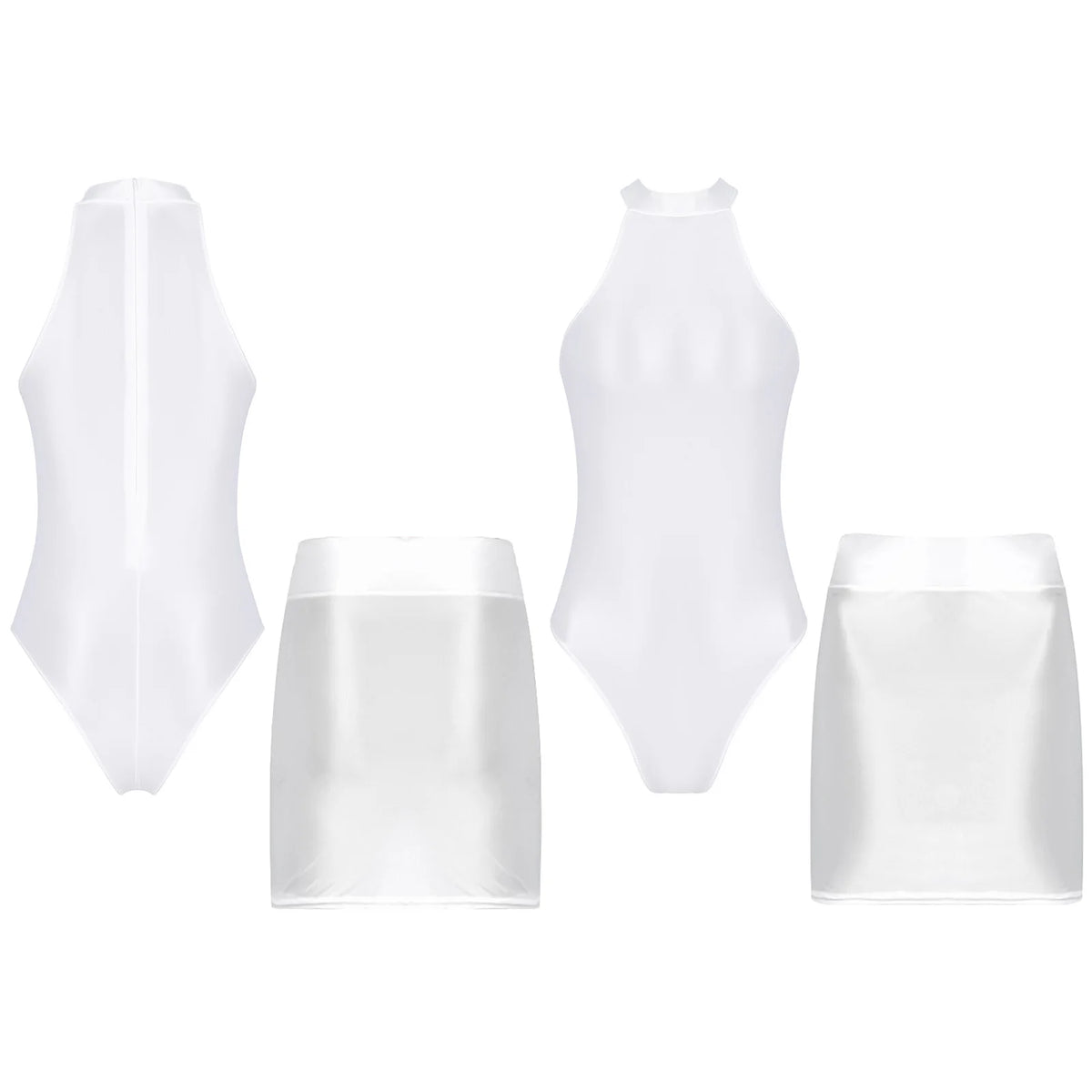 Women Glossy Outfits Swimwear Sleeveless Back Zipper Bodysuit Leotard with Elastic SkirtS for Club Dance Raves Party Nightwear