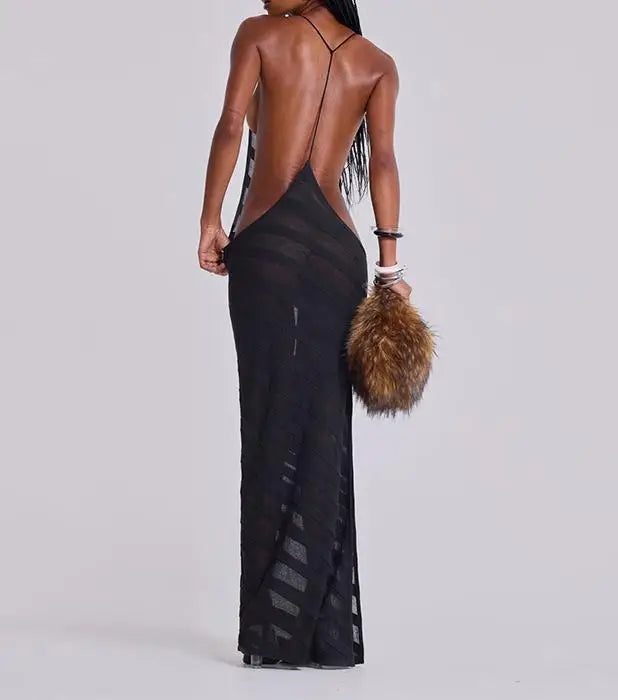 New Fashion Womens Sheer Nightdress Backless Spaghetti Strap See Through Stripe Long Dress Sleepwear Lingerie S M L