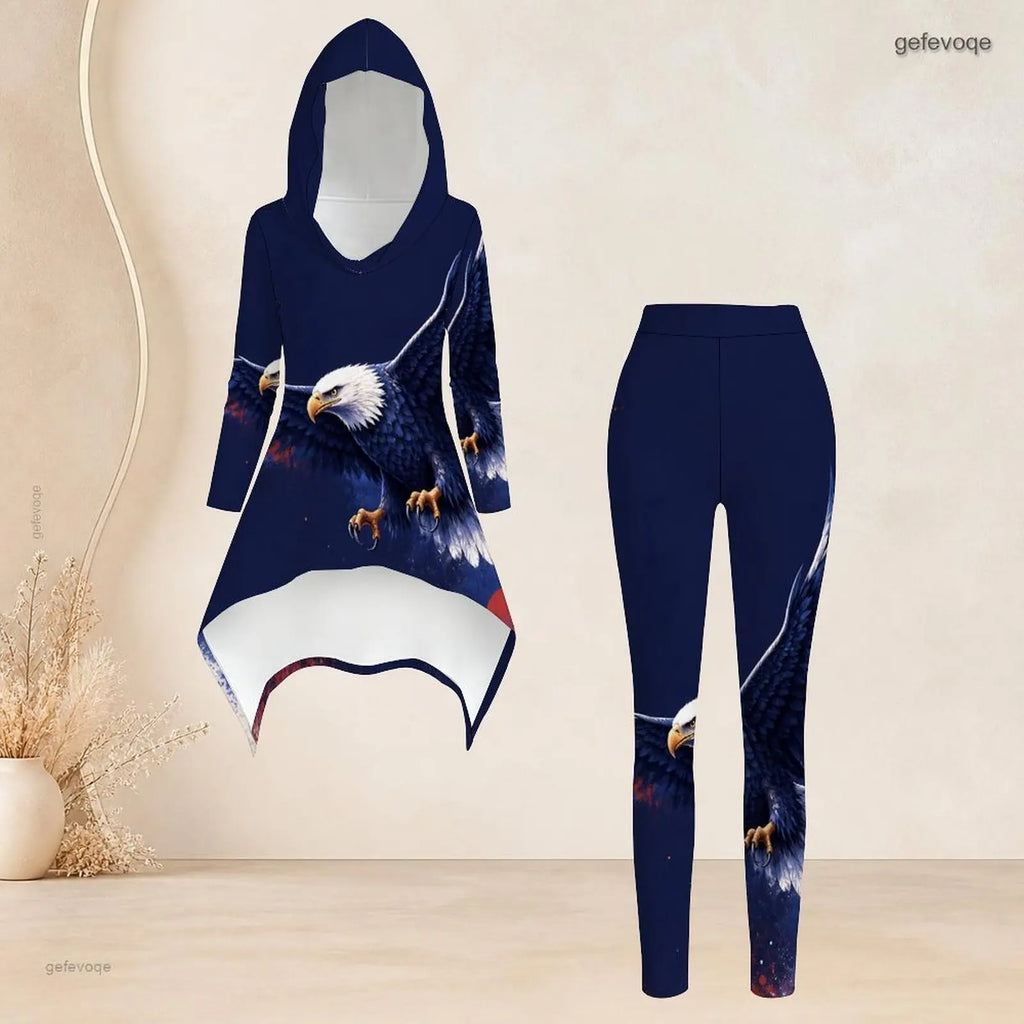 Fashion Women Casual 2 Piece Set Hooded Long Sleeve Hi Lo Asymmetrical Tunic Top Matching High Waist Slim Leggings T Daily Suit