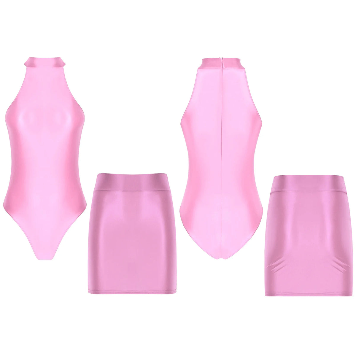 Women Glossy Outfits Swimwear Sleeveless Back Zipper Bodysuit Leotard with Elastic SkirtS for Club Dance Raves Party Nightwear