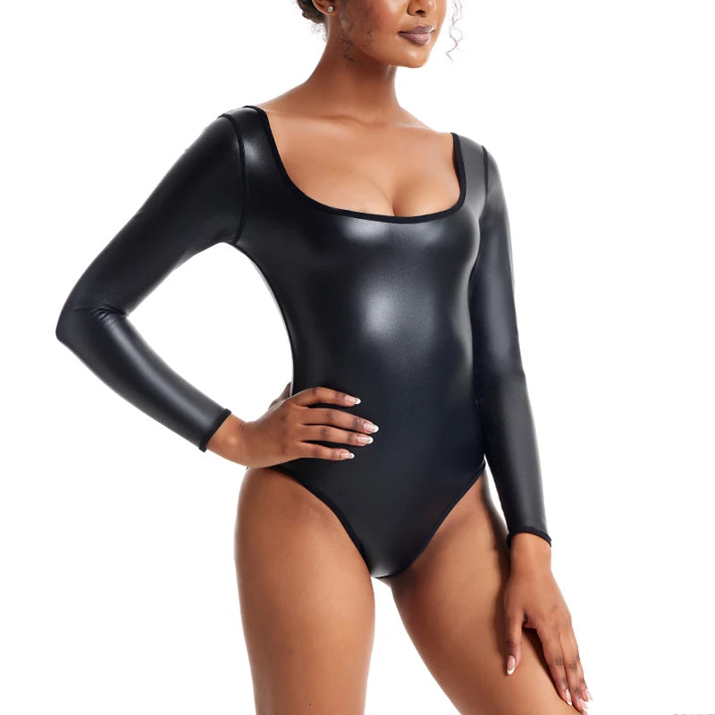 Women one-piece Body Shaper Jumpsuits long-sleeved Thong Bodysuits high-elasticity Corsets Tight leggings sexy Leather Shapewear