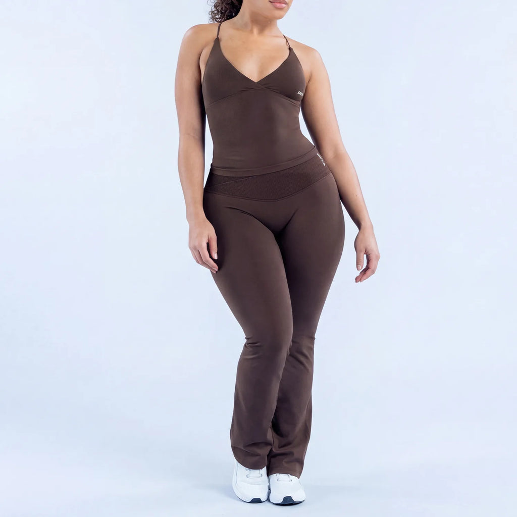 2PCS LOGO Fitness  Halter V‑Neck Push Up Sports Bra High Waist Flare Leggings Soft Stretchy Hip Lifting Gym Workout Outfit Suit