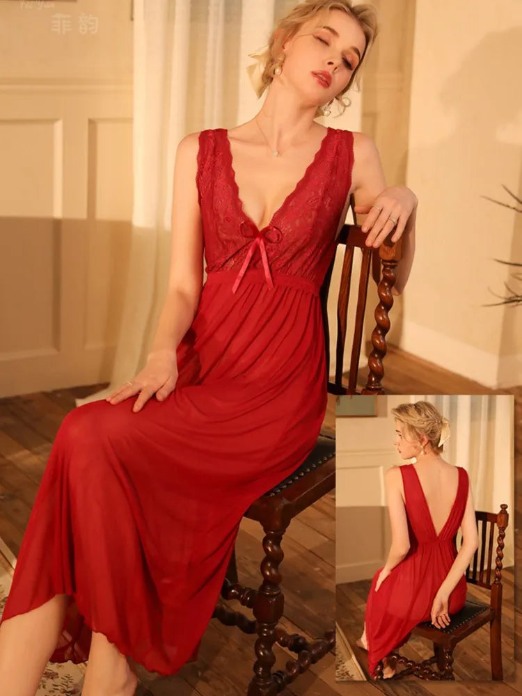 Long Night Dress Women Lace Perspective Gowns Vintage Nightgown Elegant Low-cut Nightdress Sleeveless Sleep Night Wear Woman