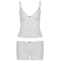 SUCHCUTE Summer Women Sexy Lingerie Set White Lace Mesh Sheer Camisole Bra Top Shorts Set Bow Detail 2PCS Sleepwear Home Pajamas