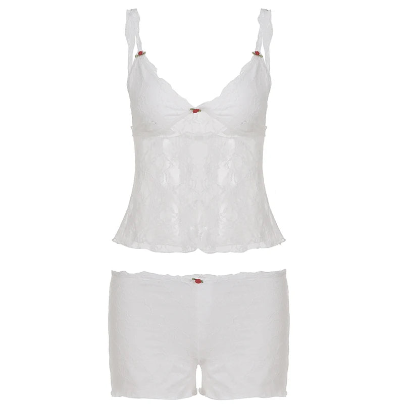 SUCHCUTE Summer Women Sexy Lingerie Set White Lace Mesh Sheer Camisole Bra Top Shorts Set Bow Detail 2PCS Sleepwear Home Pajamas