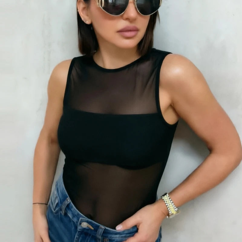HXAO Woman Tulle Black Bodysuit Summer Sleeveless Sheer Body Y2K Sexy Hot Corset Mesh Bodysuit Lingerie Party Club Night Out