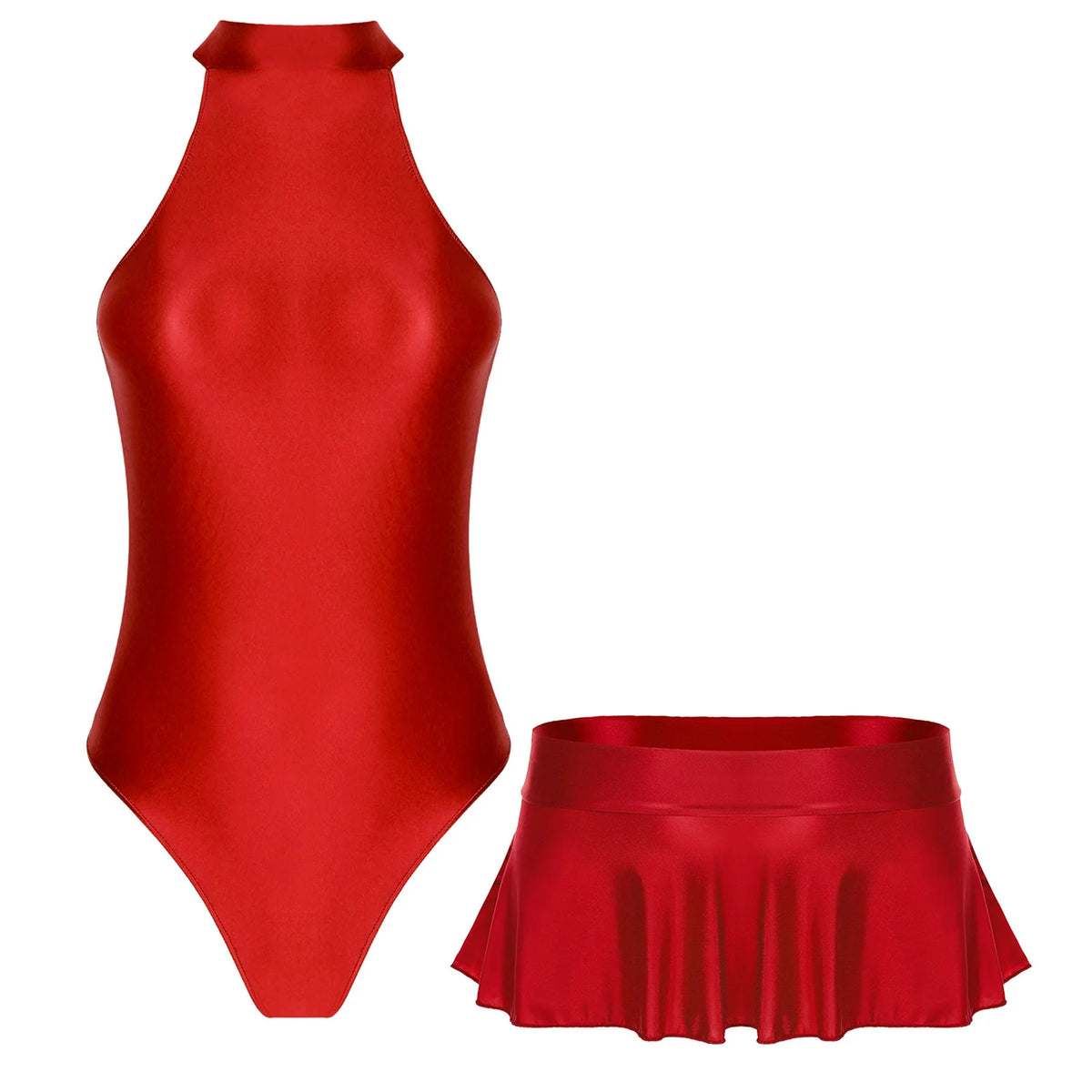 Women Glossy Outfits Swimwear Sleeveless Back Zipper Bodysuit Leotard with Elastic SkirtS for Club Dance Raves Party Nightwear