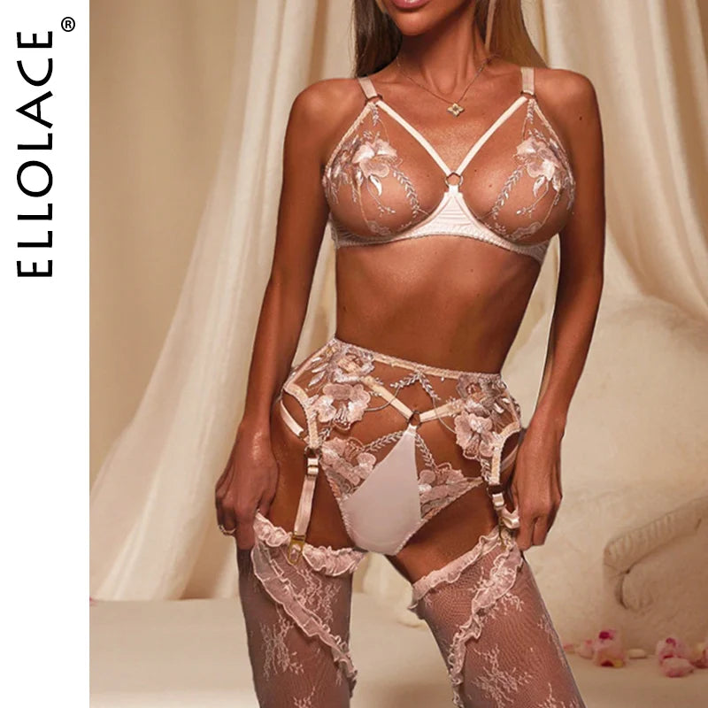 Ellolace Elegant Women's Lingerie Sets Premium Bra Belt Thong 3PC Stockings Cute Lace Floral Embroidered Champagne Romance Kit