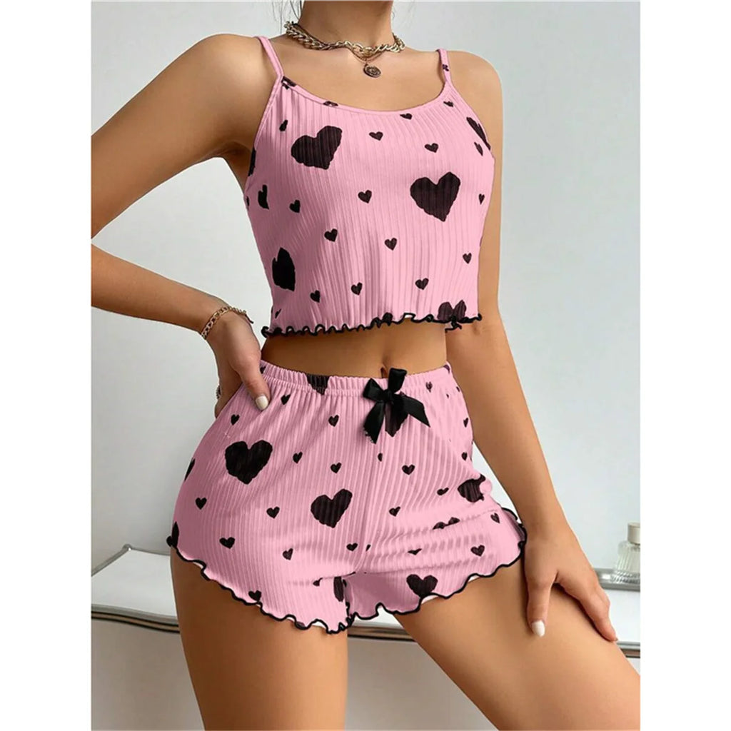 Women's Pajamas Set Sleepwear 2 PCS Short Tank Tops and Shorts S M L White Ventilate Soft Casual Heart Printing