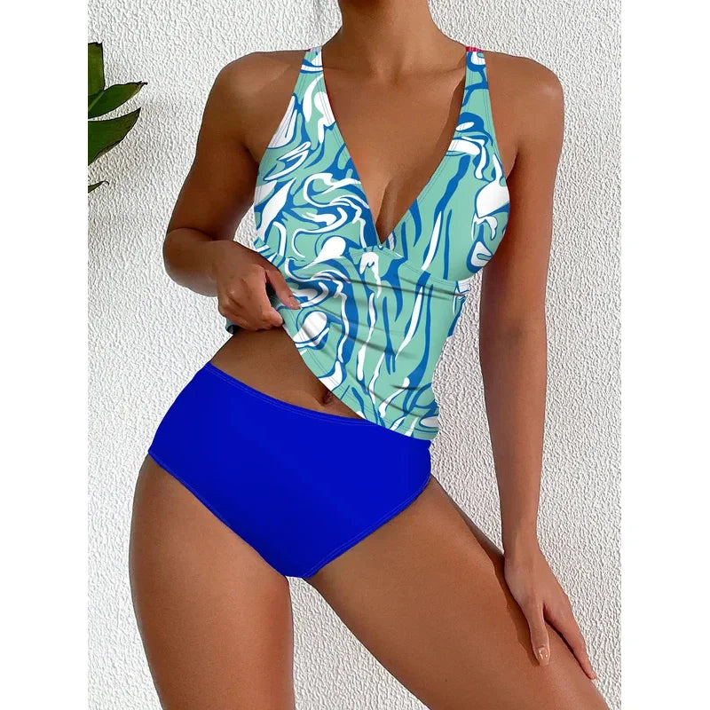 2026 Sexy Deep V Bikini Set Strappy Halter Swim Top & High Waist Panties Women's Printed Two Piece Swimsuit Beach Bathing Suit