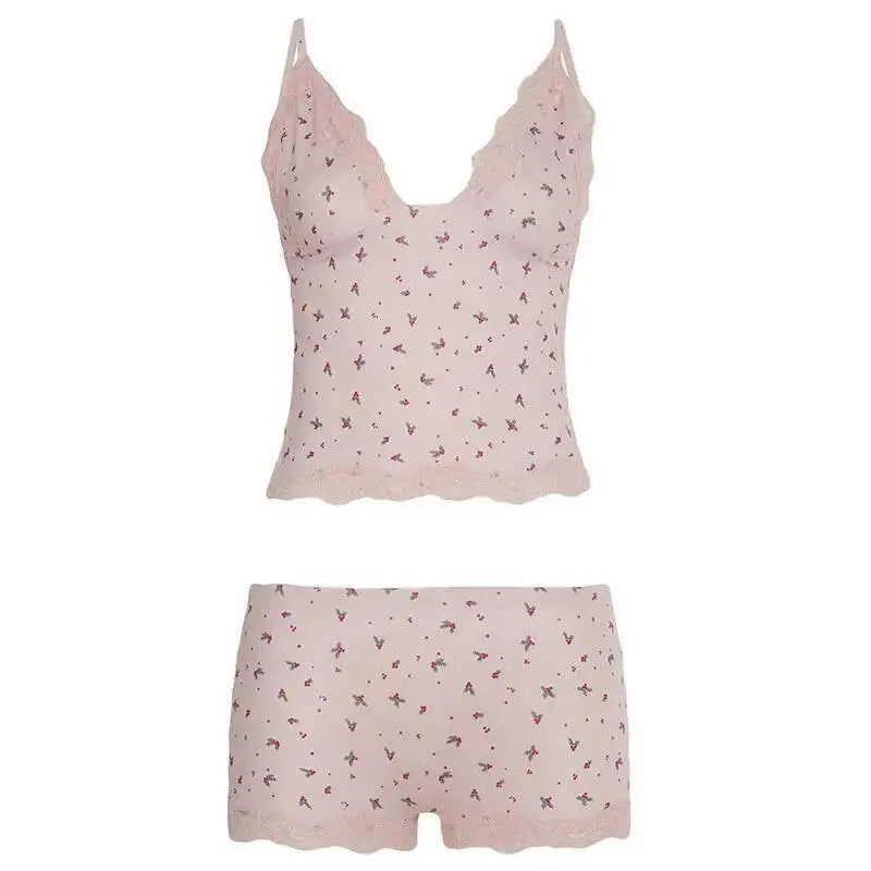 Comfy 2 Piece Pajama Set Retro Kawaii Bow Sleeveless Camis Crop Tops + Shorts Y2K Women Sleepwear Casual Women Shorts Set
