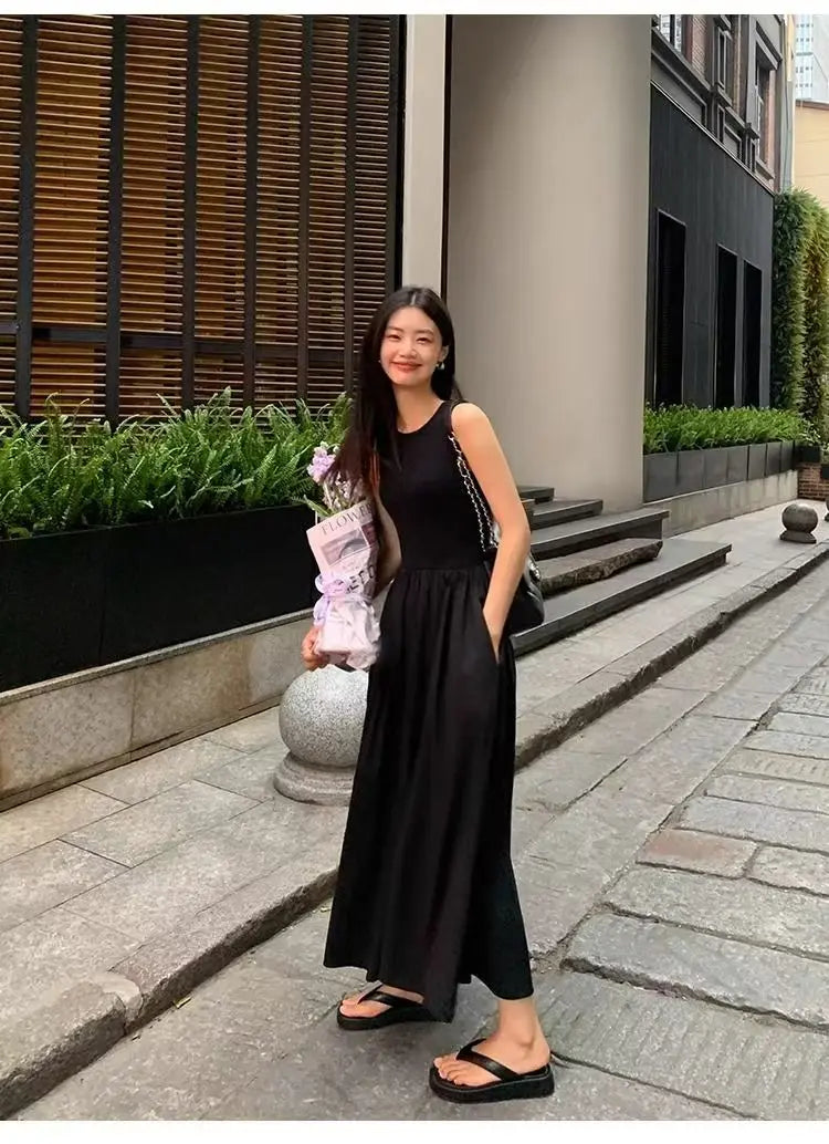 New Vintage Holiday Style Black Midi Dress Dresses for Women Clothing O Neck Office Lady Casual Pockets Women's Clothing
