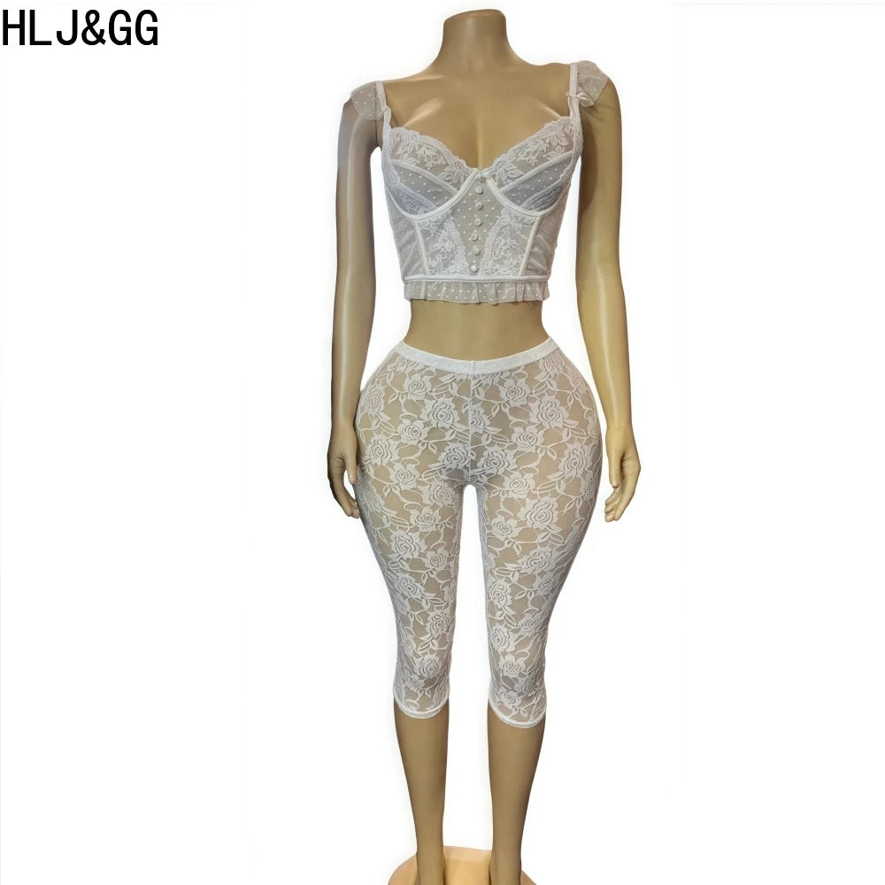 HLJ&GG Sexy Lace See Through 2 Pieces Set for Woman Spaghetti Strap Crop Top + Leggings Pants Suit Female Y2k Streetwear New