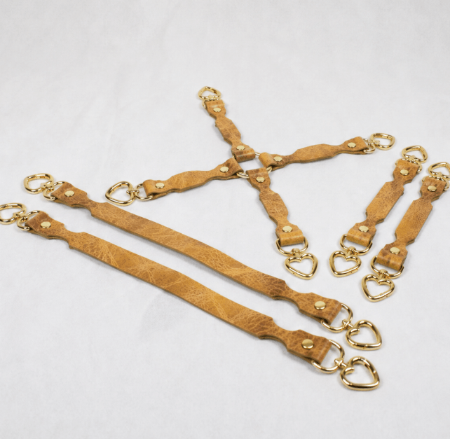 BDSM Restraint Connector Set Marble Mustard Leather with Heart Rings