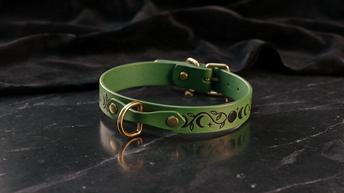 Celestial Day Collar – Moon Phases Leather BDSM Choker Adjustable