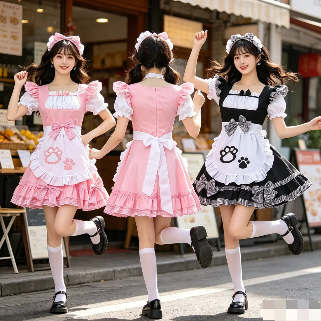 Halloween  Black Pink Cute Lolita Sexy Maid Outfit Apron Dress Bell Choker Anime Cosplay Costume Women Coffee Waitress Uniform