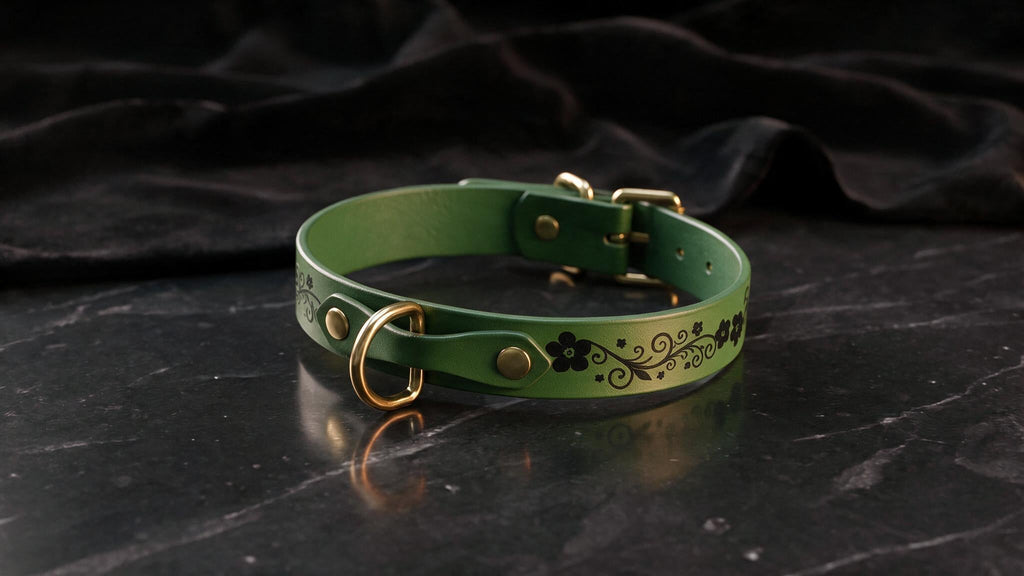Floral Bdsm Collar, Leather Sub Collar – Gold Hardware Sub Collar