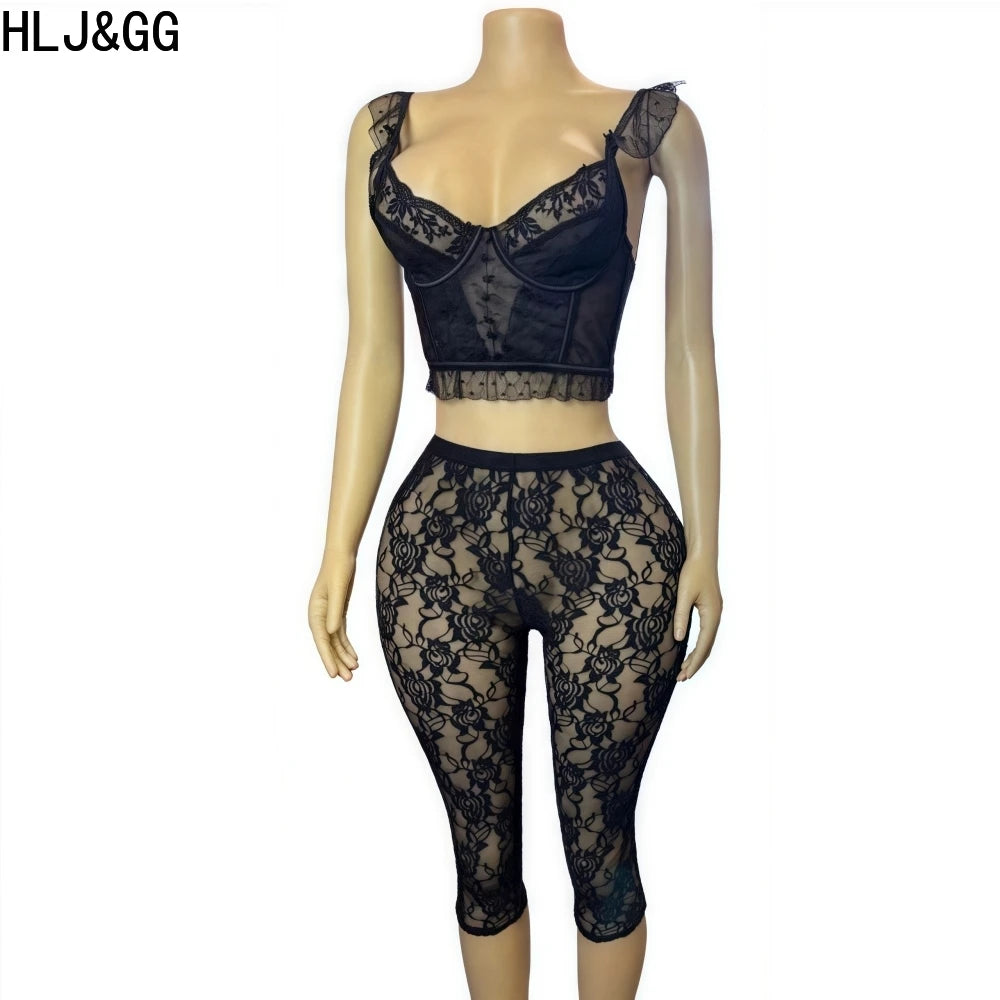 HLJ&GG Sexy Lace See Through 2 Pieces Set for Woman Spaghetti Strap Crop Top + Leggings Pants Suit Female Y2k Streetwear New