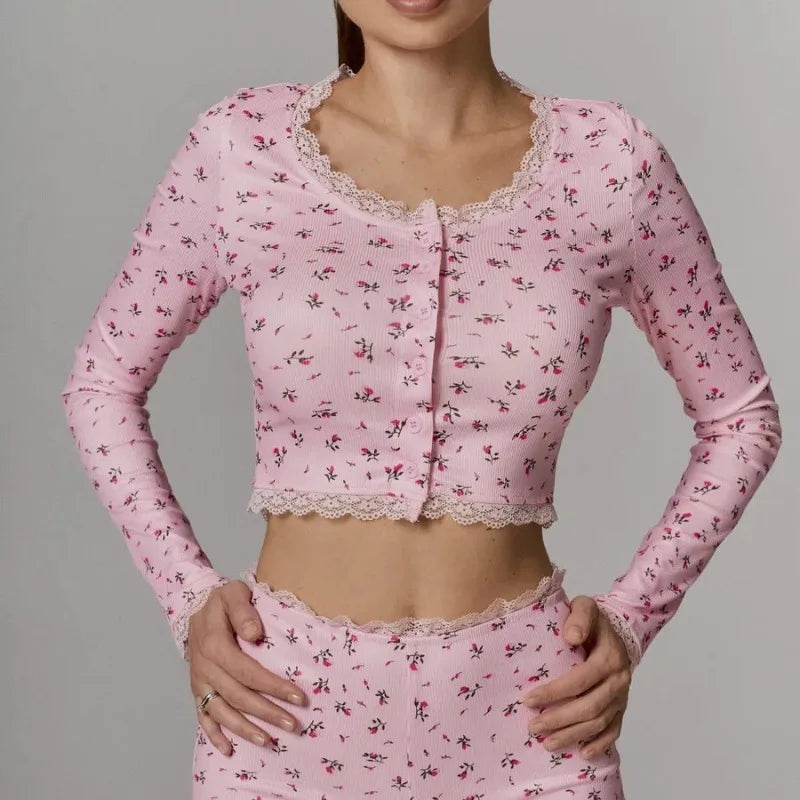 Sexy Pajamas Women V-Neck Lace Cherry Print Short-Sleeved Shorts Striped Fancy Sleepwear 2 Piece Set Home Wear Student Nightwear