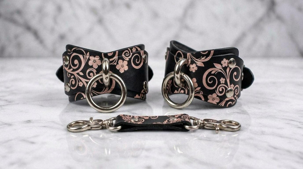 Floral Bdsm Cuffs, Floral Leather Wrist Restraints For Couples Set