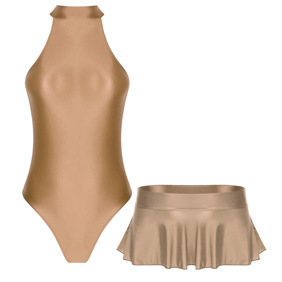 Women Glossy Outfits Swimwear Sleeveless Back Zipper Bodysuit Leotard with Elastic SkirtS for Club Dance Raves Party Nightwear