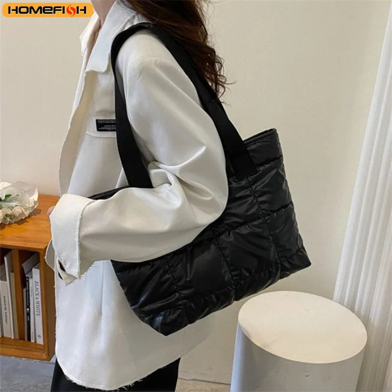 HOMEFISH Solid Color Cotton Padded Shopping Bag, Rhombus Quilted Portable Tote Handbag, Large Capacity Ladies Daily Bag