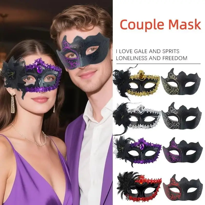 2Pcs Couple Sexy Painted Half Face Masquerade Mask For Men Women Wedding Carnival Stage Show Party Costume Accessory